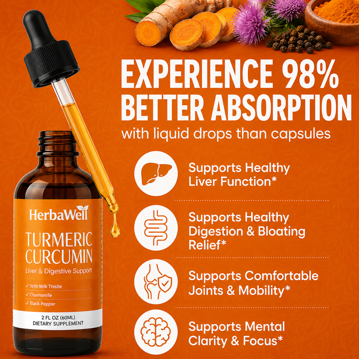 HerbaWell Turmeric Curcumin Extract Drops
